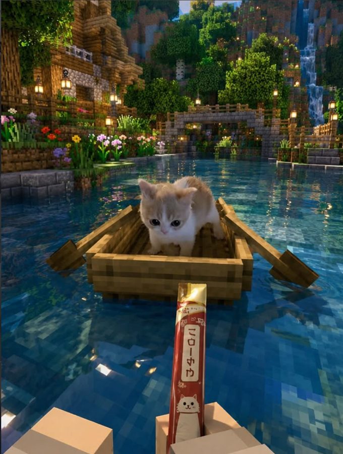 Hongcha in a small wooden boat on a lake, with a treat stick in the foreground