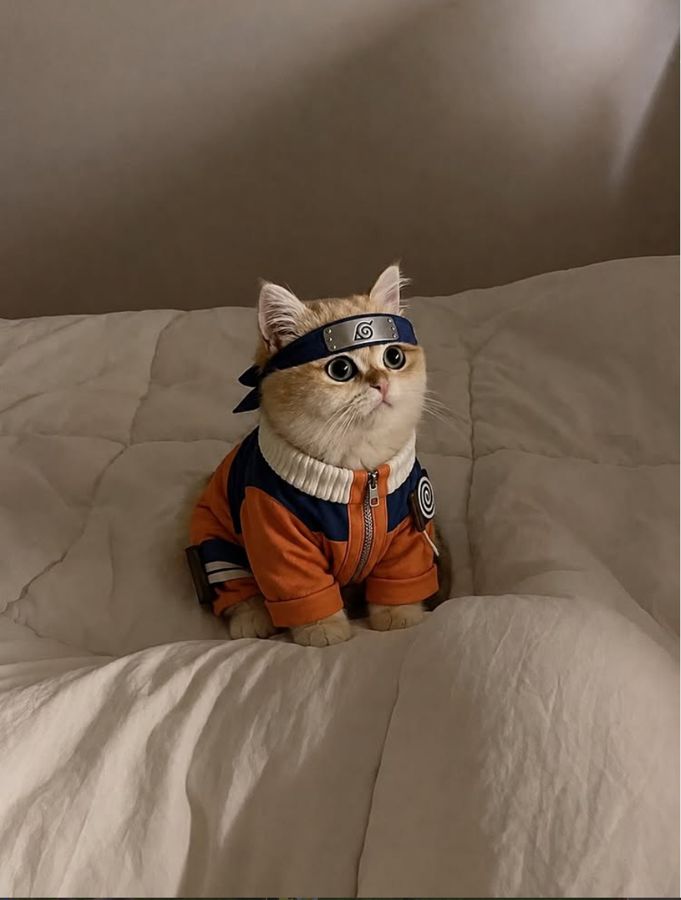 Hongcha in an orange and blue ninja jumpsuit with a headband, sitting on a bed